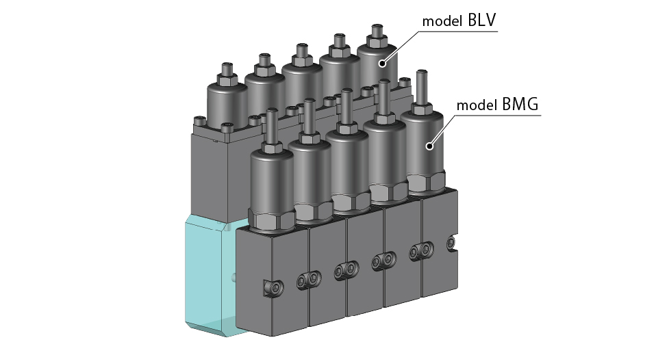同时采用了model BLV和model BMG的集成治具例。可集约平放式和立式安装的阀。