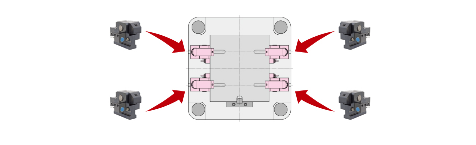 System configuration using Model GJB auto clamp with incomplete clamp detection on all clamps for an injection molding machine.
