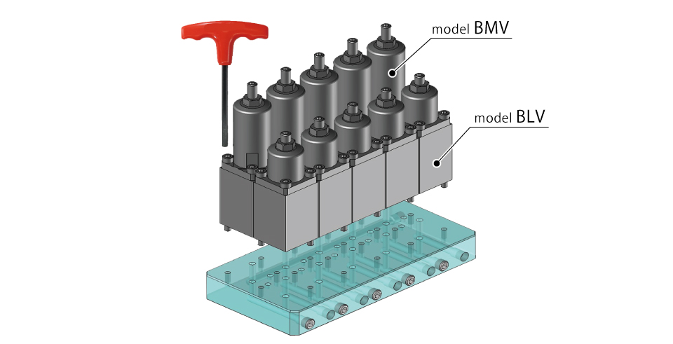 Manifold jig example using model BLV and model BMV together.The valves are concentrated to slim down the entire hydraulic jig.