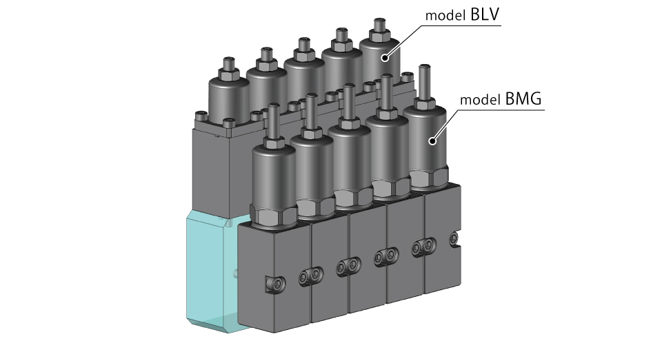 Manifold jig example using model BLV and model BMG together. This unit combines both horizontal and vertically mounted valves.