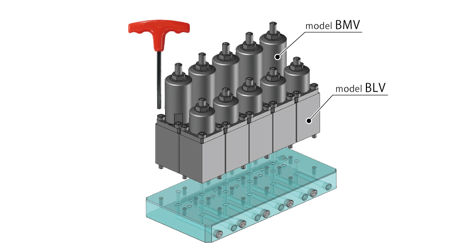 Manifold jig example using model BLV and model BMV together.The valves are concentrated to slim down the entire hydraulic jig.