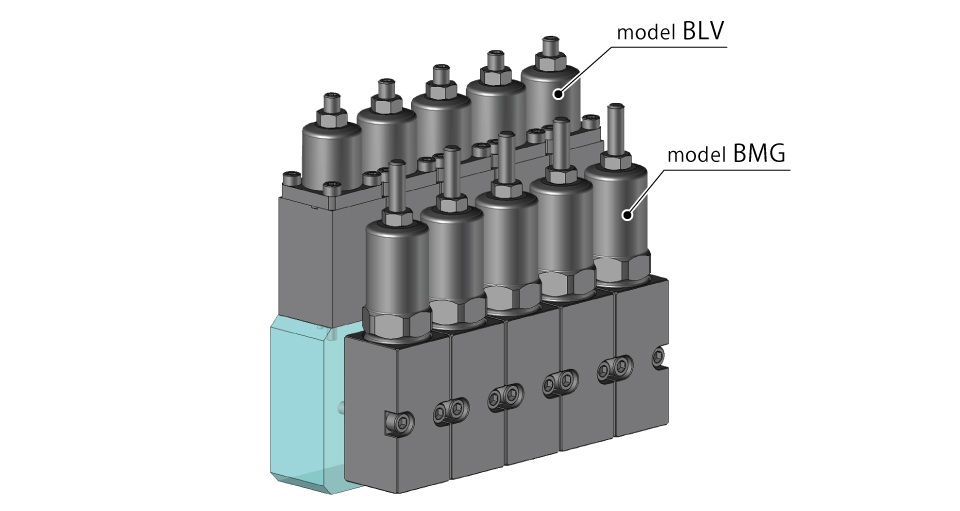 model BLVとmodel BMGを併用したマニホールドジグ例。平置きと立置きのバルブを集約しています