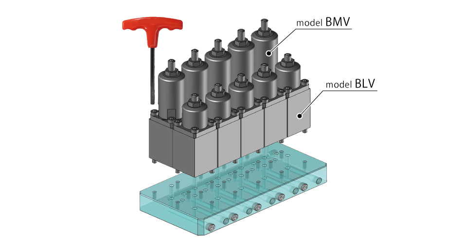 model BMVとmodel BLVを併用したマニホールドジグ例。油圧ジグ全体をコンパクトに